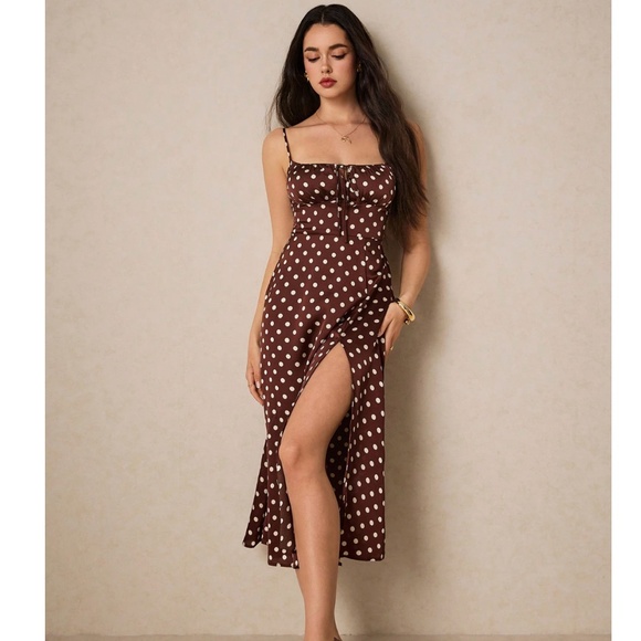 French Style Polka Dot Brown Midi Dress Leg Slit - Picture 1 of 16